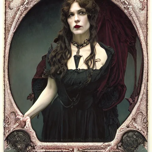 Image similar to portrait of a lady vampire, 35mm, victorian, rim light, depth of field, DOF, ominous, sharp, highly detailed, photorealistic, realistic, unreal 5, high definition, 8k, deviantart, donato giancola, irwin penn, Alphonse Mucha