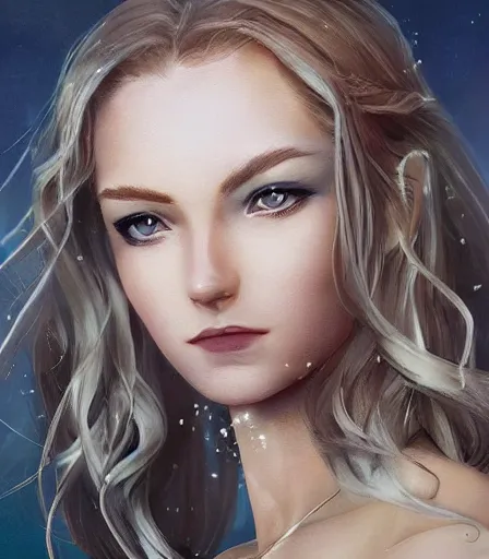 Image similar to beautiful portrait of an insanely gorgeous woman with blue eyes, brown hair and a perfect body, character design by charlie bowater, ross tran, artgerm, and makoto shinkai, detailed, soft lighting, rendered in octane