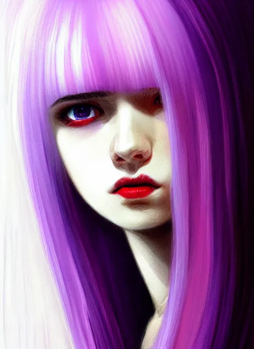 Image similar to hair whitebangs hair, black hair, whitebangs, portrait of teenage girl with white bangs, red irises, purple clothes, white bangs, bangs are different color from hair, intricate, elegant, glowing lights, highly detailed, digital painting, artstation, concept art, smooth, sharp focus, illustration, art by wlop, mars ravelo and greg rutkowski