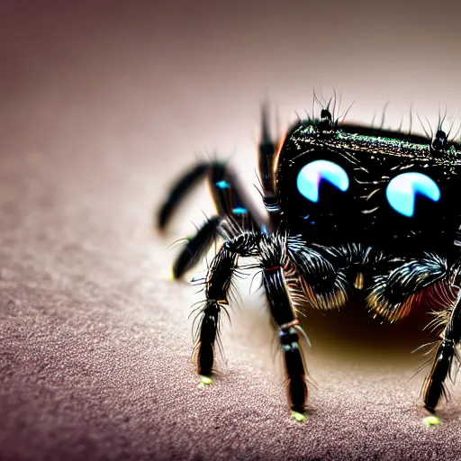 Image similar to a jumping spider using tiny computer keyboard tiny, by pixar, macro lens, iridescent, photomontage