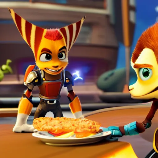 Image similar to In Ratchet & Clank, Ratchet eats a burger