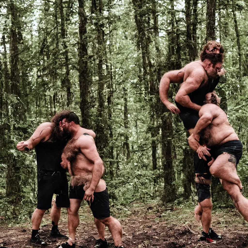 Prompt: two big hairy strongmen husbands in shorts in a forest, kissing around a campfire, daddy energy, wholesome, cute, love, photography, high details, epic, high resolution