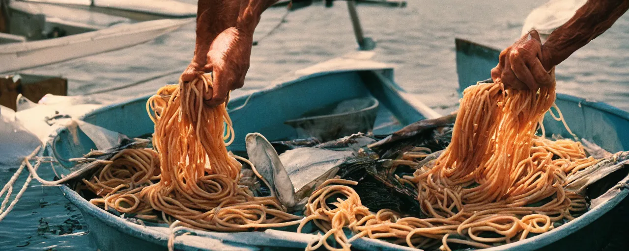 Prompt: fisherman pulling up a fresh catch of spaghetti from the ocean, canon 5 0 mm, cinematic lighting, photography, retro, film, kodachrome