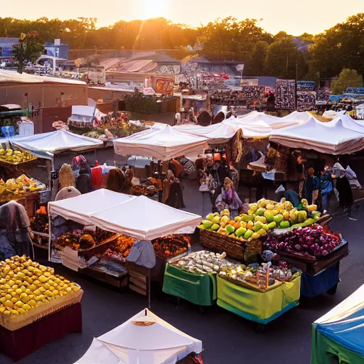 Image similar to film still, establishing shot of bustling farmers market, golden hour, high angle