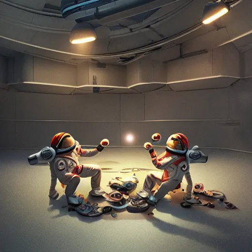 Prompt: astronaut monkeys laughting throwing bananas on each other, realistic, dramatic light, artwork by Tooth Wu and wlop and beeple, octane render, trending on artstation, greg rutkowski very coherent symmetrical artwork, cinematic, hyper realism, high detail, octane render, 8k