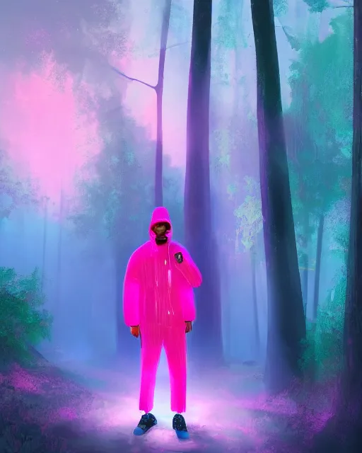 Image similar to man with glowing pink afro wearing disco jacket, standing in atmospheric spring forest at night, photoshop digital painting, best of artstation 4 k