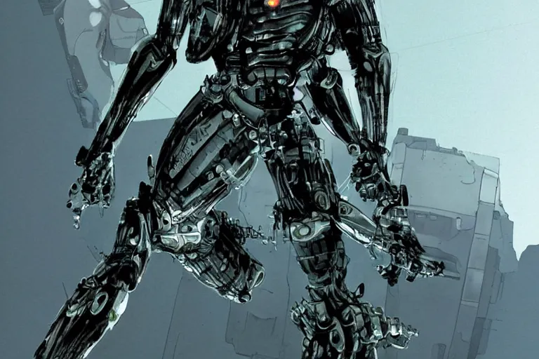 Image similar to cyborg military soldier in nanosuit with epic biological muscle augmentation, at dusk, a color illustration by tsutomu nihei and tetsuo hara