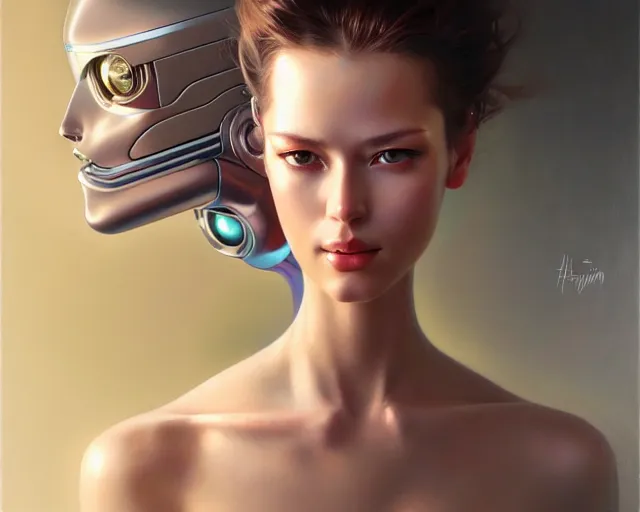 Image similar to a ultradetailed beautiful portrait panting of a stylish female robot, chrome plated, oil painting, by hajime sorayama, greg rutkowski and makoto shinkai, trending on artstation