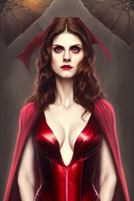 Image similar to alexandra daddario as scarlett witch cosplay, realistic portrait, symmetrical, highly detailed, digital painting, artstation, concept art, smooth, sharp focus, illustration, cinematic lighting, art by artgerm and greg rutkowski and alphonse mucha