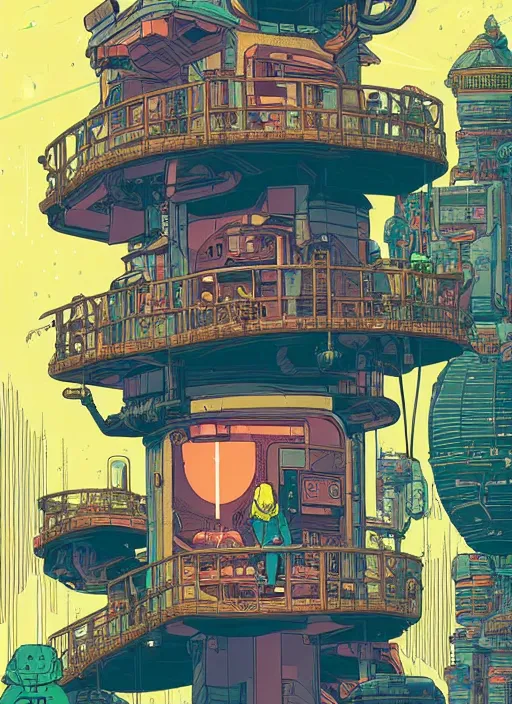 Prompt: explorer with cyberpunk headpiece playing video games in his treehouse, highly detailed, 4 k, midnight, by victo ngai and james gilleard, moebius, laurie greasley, adventure time colour palette