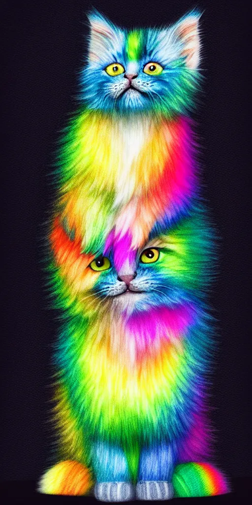 Prompt: cute fluffy rainbow kitten is sitting sweetly while wearing a black jacket, simple background, digital art,