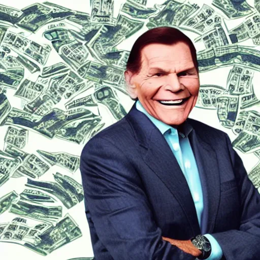 Prompt: a still of kenneth copeland, smiling, surrounded by flying money