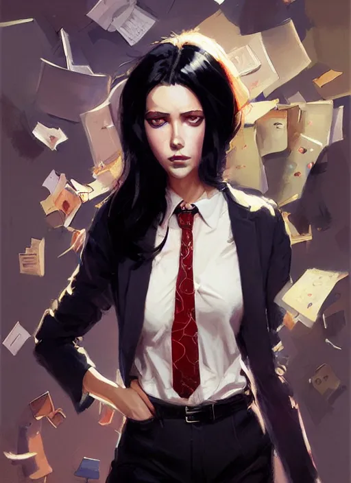 Prompt: a ultradetailed beautiful panting of a stylish woman wearing a shirt with a tie, she has black hair, disressed, background explosion, by jesper ejsing, jon foster, greg rutkowski on artstation