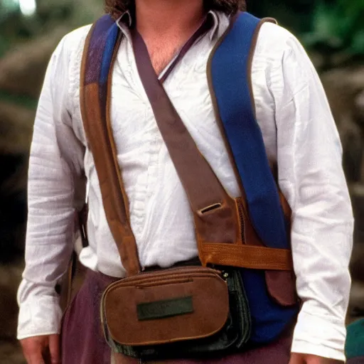 Image similar to close up of a frowning clean shaven pudgy British lad with short curly dark brown hair as a hobbit wearing a white men's crossbody sling chest bag and blue vest, blue vest!! white crossbody chestbag!! high resolution film still, movie by Peter Jackson