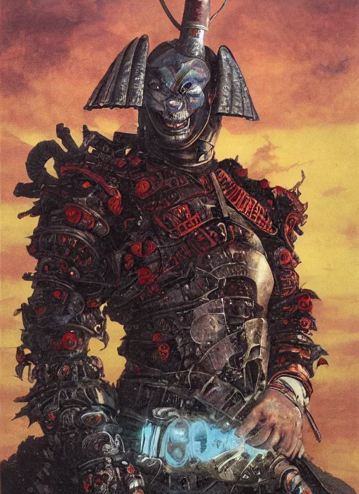 Image similar to portrait of a diabolical cyborg clown samurai, torn cape, heavy armor, dynamic pose, glowing eyes, ancient ruins, glowing veins subsurface scattering, in clouds, sunset, portrait, by gerald brom, by mikhail vrubel, by peter elson, muted colors, extreme detail, reflections, trending on artstation, 8 k