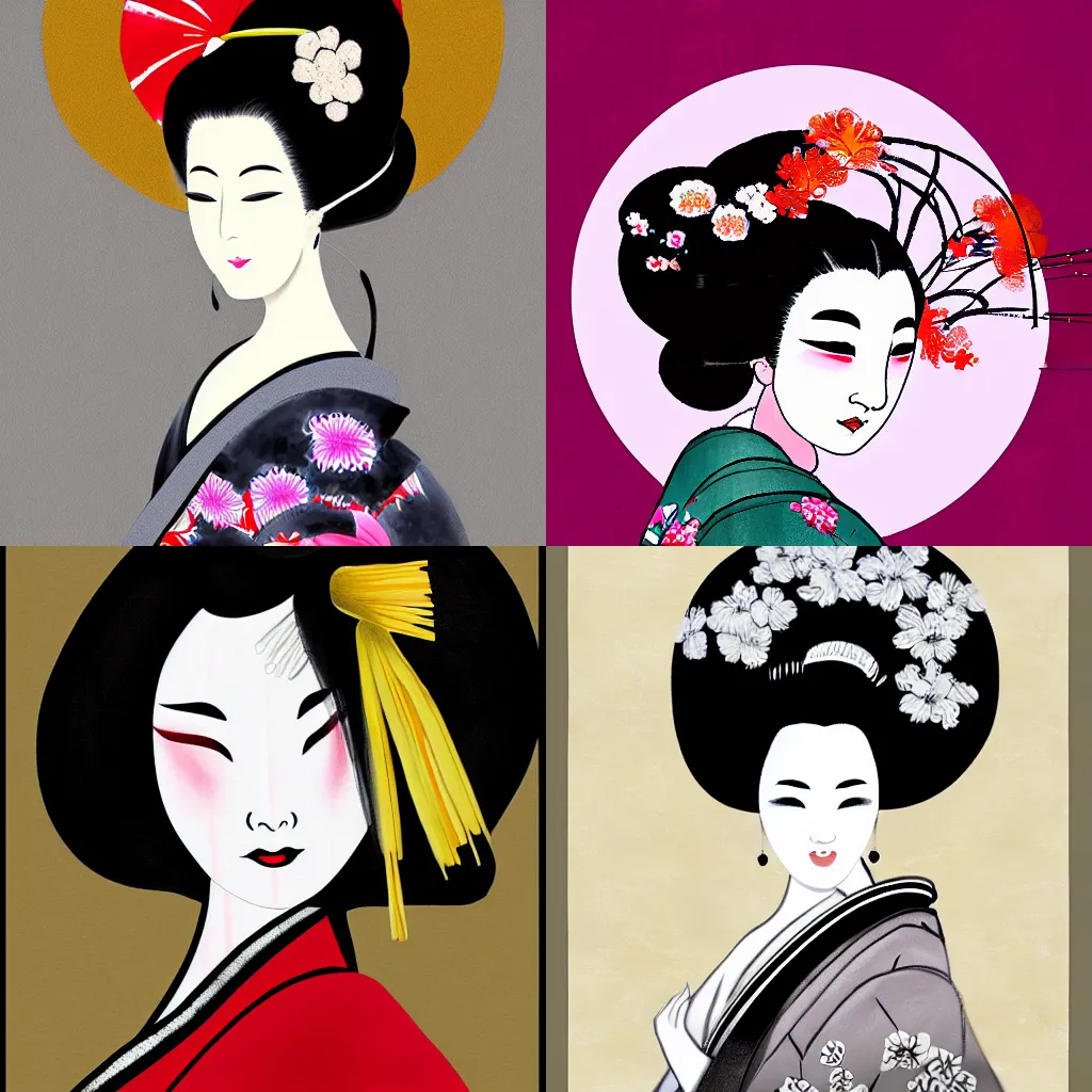 Prompt: digital painting of beautiful geisha in the style of sumi - e art