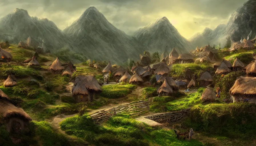 Image similar to matte painting of a beautiful hobbit village, digital art, trending on artstation