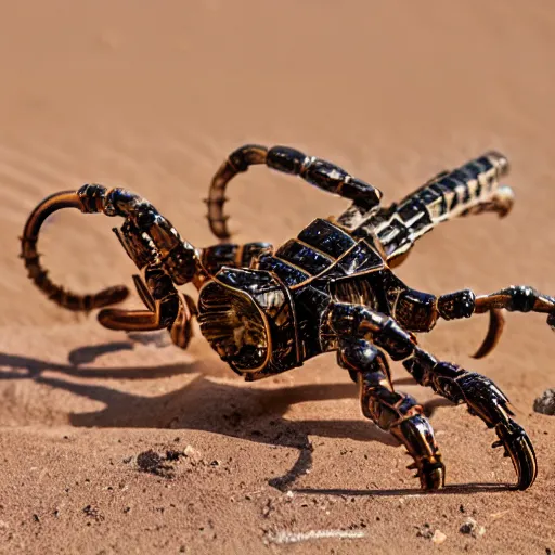 Image similar to intricate mechanical clockwork scorpion in the desert