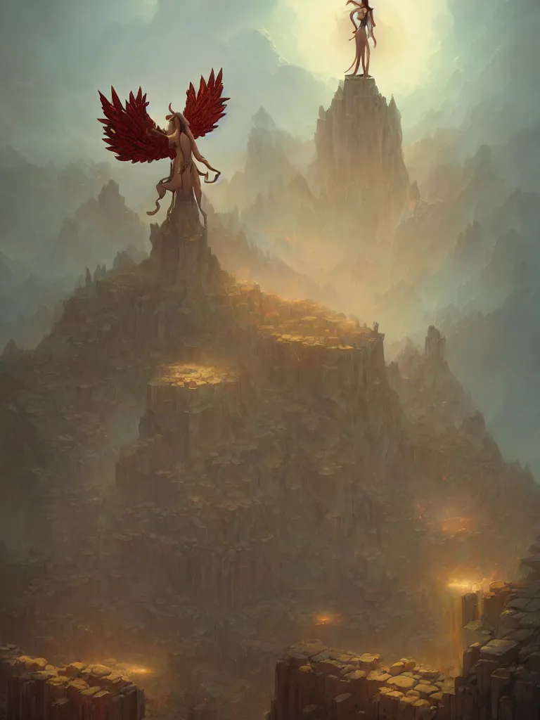 Prompt: elder pagan angel figure rising above mysterious ancient ruins, painted by peter mohrbacher and marc simonetti, trending on artstation, character art, vibrant colors, matte painting
