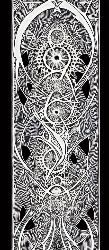 Prompt: a beautiful fractal tarot card featuring bold occult imagery with clean lines. skullpunk demon. dimension. haeckel fish and sea creatures. detailed adult coloring book