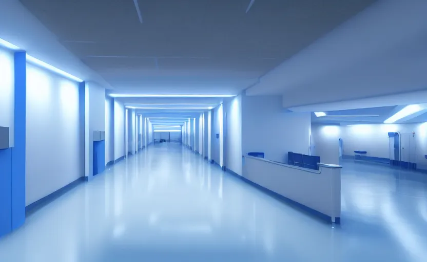 Image similar to a hospital with soft blue lights in the roof, octane render, artstation trending, highly detailded