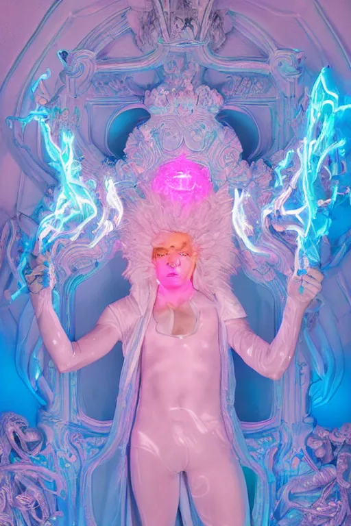 Image similar to full-body rococo and cyberpunk delicate neon crystalline sculpture of ((young muscular blue albino Colombian prince)) as an iridescent humanoid deity wearing ((peach plastic hooded cloak)) (holding a human skull) in a white castle dungeon, reclining, glowing pink face, crown of (pink lasers), large blue diamonds, swirling black silk fabric. futuristic elements. oozing glowing liquid, full-length view. space robots. intricate artwork by caravaggio. Trending on artstation, octane render, cinematic lighting from the right, hyper realism, octane render, 8k, depth of field, 3D