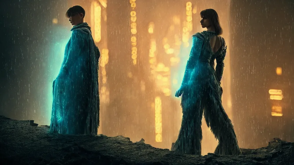 Image similar to angel, big wings, low key light, full plate armor with cloth, f 1 6, bokeh, blade runner 2 0 4 9, medium portrait, gentle, female, ornate city ruins, landscape, d & d, fantasy, intricate, elegant, highly detailed, teal white gold color palette, roger deakins, sharp focus, greg rutkowski and alphonse mucha