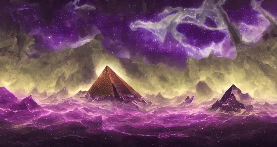 Image similar to black lovecraftian eldritch!! obsidian! pyramid!! surrounded by stormy sea, cosmic purple space!, bright stars, nebula, sky background by eugene von guerard, ivan shishkin, night, cosmic brightly purple space stars, concept art, trending on artstation, 8 k