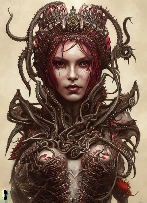 Prompt: a hyper detailed face portrait of the queen of blades, wide eyes, diablo 4 lilith, sideshow figurines, cthulu, by tom bagshaw, artgerm, dorian cleavenger, zdzisław beksinski trending on artstation