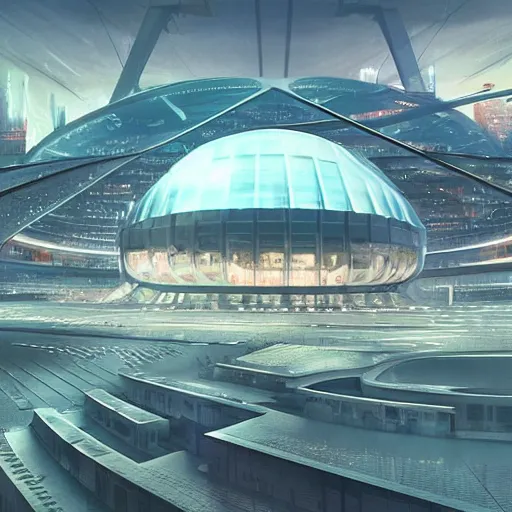 Prompt: a huge futuristic stadium for gladatior combat with a forcefield dome floating above a cyberpunk city, hexagonal shaped, elegant architecture, modern, epic light, elegant, artstation, intricate, highly detailed, ultra realist, hd, digital painting, soft light