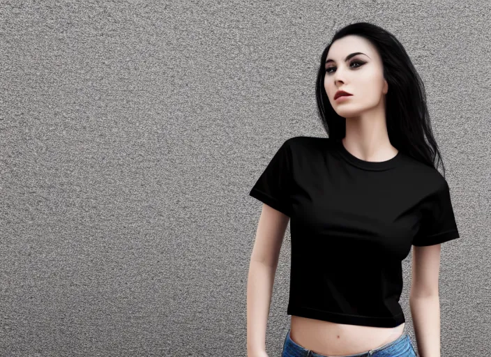 Image similar to clear photorealistic mockup product photograph of a blank black tshirt on an attractive female model in front of a lively street background