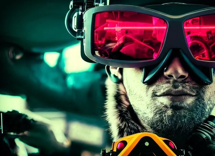 Prompt: selfie portrait of mechanical wolf with cyberpunk fpv glasses in cockpit, reflective lens, caustics, bokeh, dust, mechanical parts, neon wires, dark fur, closeup portrait, editorial photography, award winning, establishing shot, dark mood, dark sci fi, vibrant tones, cinematic