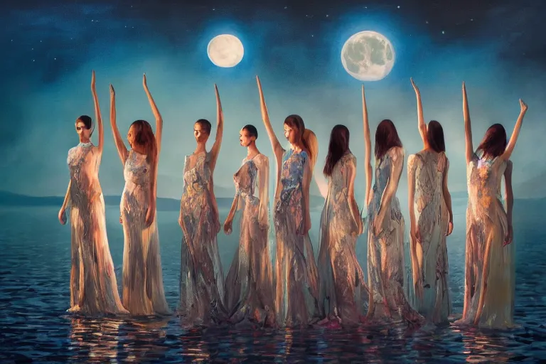 Prompt: 3 d, close - up, group of fashion models standing in a night lake with their hands raised to the bright moon, moon ryas, vogue cover style, intricate oil painting, high detail, figurative art, multiple exposure, poster art, 3 d, by tooth wu and wlop and beeple
