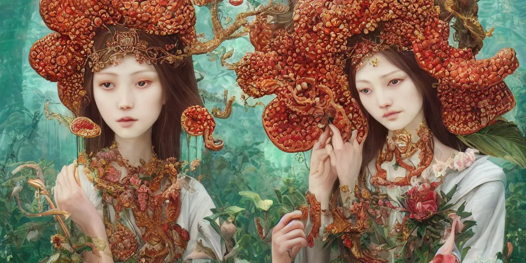 Image similar to breathtaking detailed concept art painting of the goddess of rafflesia arnoldii flowers, orthodox saint, with anxious, piercing eyes, ornate background, amalgamation of leaves and flowers, by Hsiao-Ron Cheng, James jean, Miho Hirano, Hayao Miyazaki, extremely moody lighting, 8K