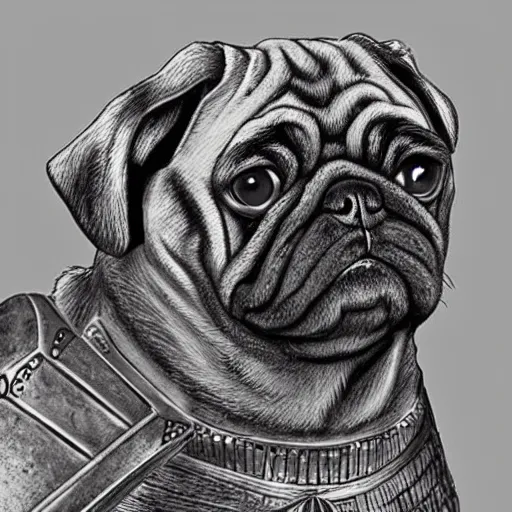 Prompt: A warrior pug with armor and a sword