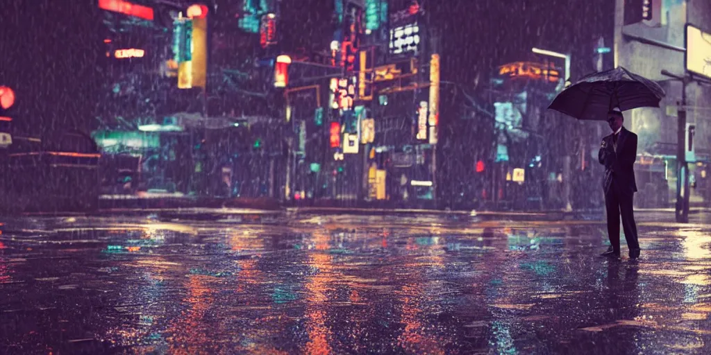 Prompt: a man in a suit laying flat in the street while it rains, night, tokyo street, raining , wet, artstation, cgsociety, depth of field, bokeh, neon lights