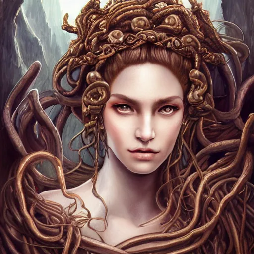 Image similar to an epic portrait of medusa, goddess, beautiful, detailed beautiful face, epic fantasy art, award winning on artstation, trending on deviantart, mystical atmosphere, mythology, high definiton, high detail, high quality, ultra realistic, hyper realistic, 4 k uhd,