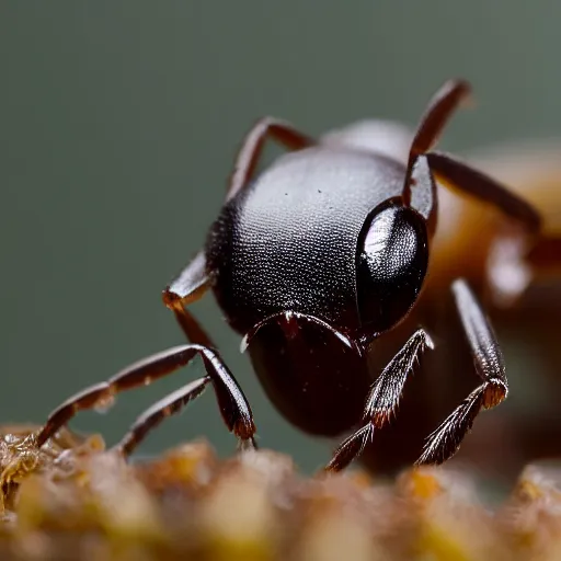 Image similar to the nocturnal yellow ant of bolognasia ( its large eyes help it navigate in the dark ), macro photograph of eyes and head, horizontal symmetry, realistic highly detailed, unreal engine