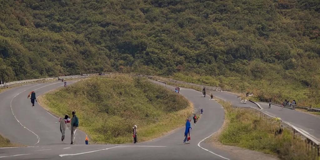 Image similar to People strolling along the highway, Martin Handford style.