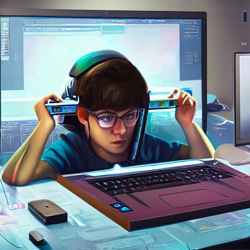 Image similar to realistic teenager using laptop in super tech room, artstation trends, concept art, highly detailed, intricate, sharp focus, digital art, 8 k