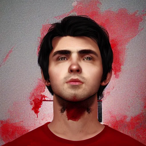 Prompt: a guy with short dark hair on his side, dressed in a red t - shirt, stands still against the backdrop of digital art, 8 k, character, realism, anime, portrait