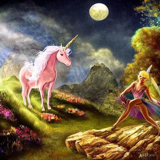 Prompt: a fairy and a unicorn in a fantasy landscape, by adrian chesterman