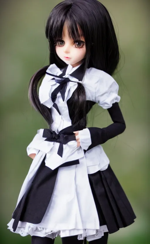 Prompt: dollfie in school uniform, black skirt and white blouse