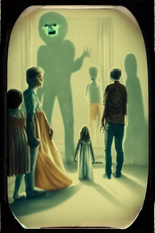 Image similar to an unsettling colored family photograph shot on polaroid, anxious people standing in a large haunted house, phantom ghosts in the background, cinematic, horror, photorealistic, vintage, artstation, painterly, expressive