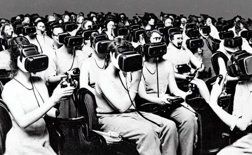 Image similar to 1 9 0 0 s photo of people using iphones ipods virtual reality headsets vr in a movie theater masterpiece