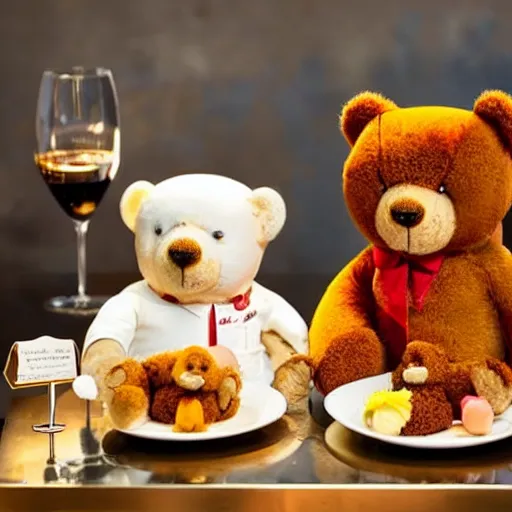 Prompt: teddy bears eating a fancy dinner at a Michelin star restaurant