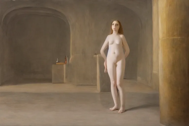 Prompt: hyperrealism, long view of woman stands in front of wall with thousand painting, pale skin, in style of classicism