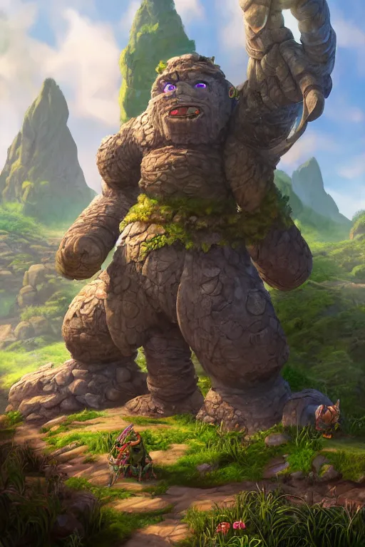 Image similar to zelda fantasy art giant golem troll wood rock greeble gemstone, global illumination ray tracing hdr fanart arstation by sung choi and eric pfeiffer and gabriel garza and casper konefal