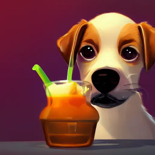 Image similar to cute puppy drinking juice, masterpiece, colorful ambient lighting, smooth shading, 8k, cinematic lighting, highly detailed, digital painting, artstation, smooth, sharp focus, illustration, digital illustration, by Pixar