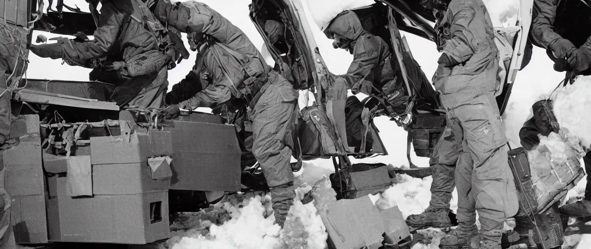 Image similar to extreme closeup color movie like 3 5 mm photograph of a middle aged caucasian us soldiers unloading dark grey metal rectangular crate from a black military 1 9 8 2 helicopter at a top secret military base in antarctica